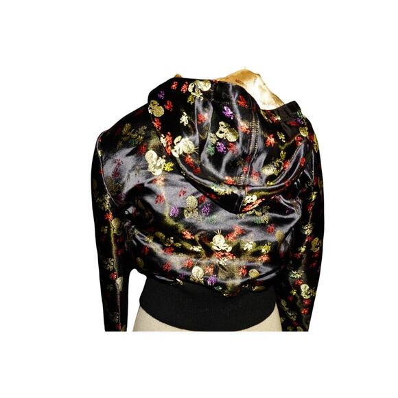 Lot29 Y2K Black Satin Skull Print Cropped Zip Hoodie Jacket Gold Logo Women’s M - Picture 6 of 13